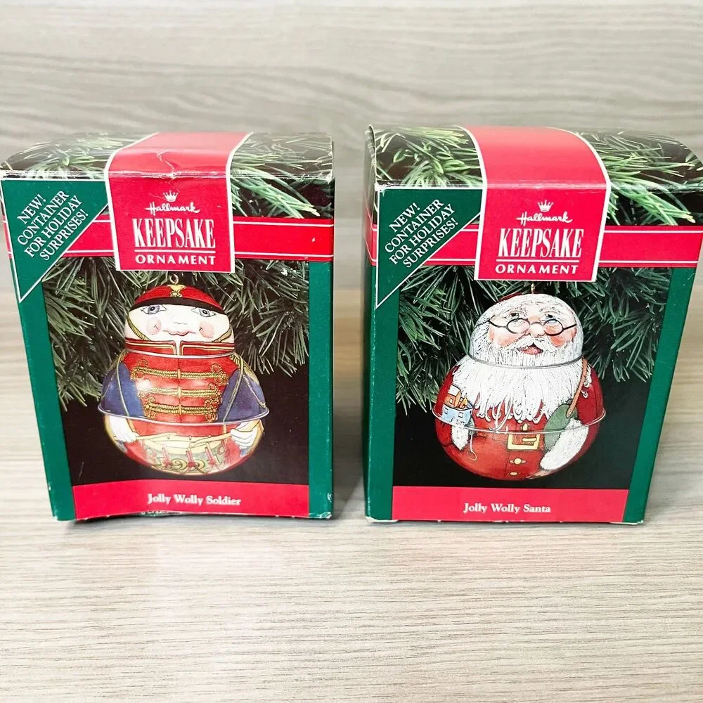 Hallmark Keepsake 1991 Jolly Wolly Santa & Soldier Tin Ornaments Lot of 2 NIB